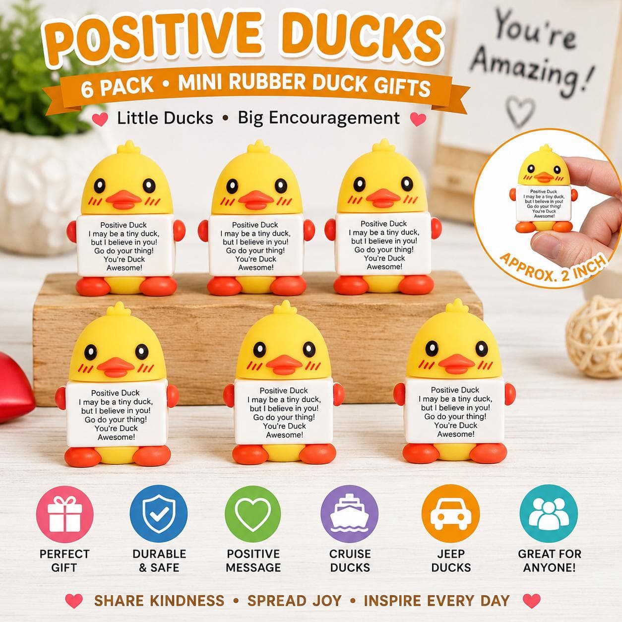 6pc Positive Duck Mini Rubber Duck Gifts, Inspirational Encouragement Ducks, Motivational Appreciation Gifts for Coworkers Teachers Staff - Image 1