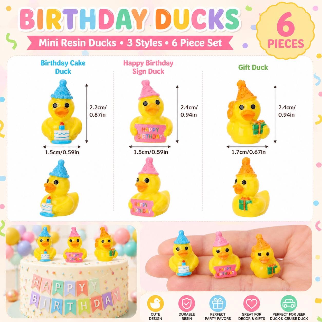 6 Pc Birthday Ducks Mini Resin Duck Set, Tiny Birthday Party Ducks, Small Ducky Figurines for Cake Toppers, Jeep Ducks, Cruise Ducks, Party - Image 1