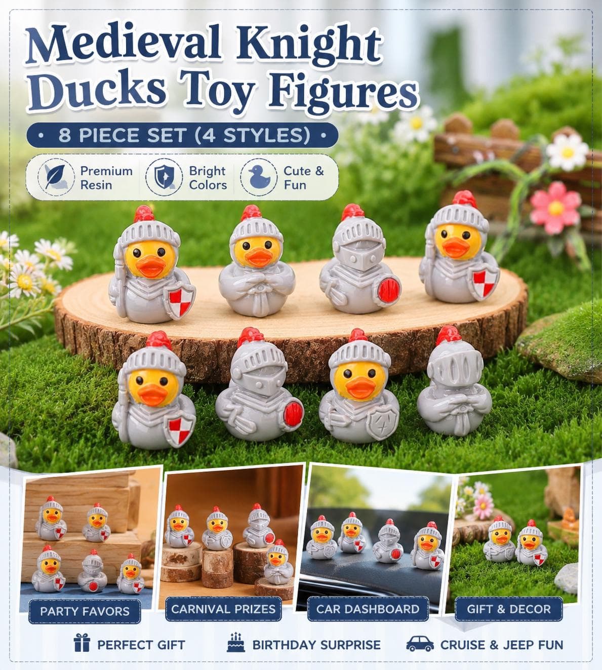 8pc Medieval Knight Mini Resin Ducks Set, Tiny Knight Duck Figures, Cruise Ducks, Jeep Ducks, Carnival Party Favors, Fantasy Duck Toys - Image 1
