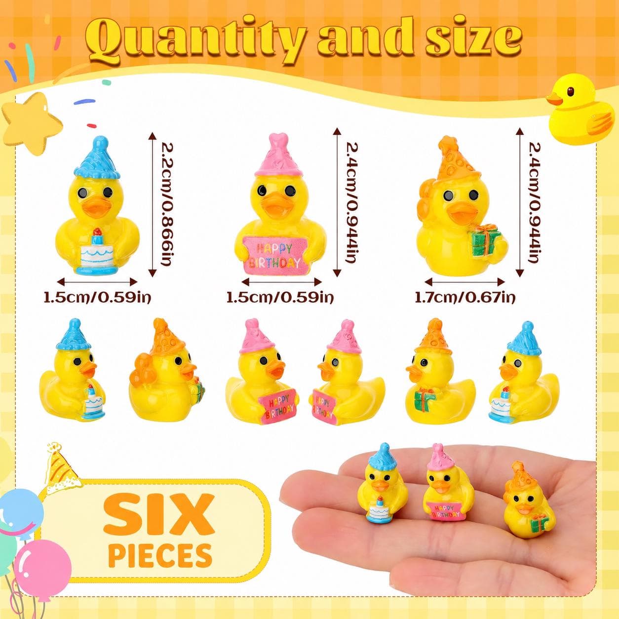 6 Pc Birthday Ducks Mini Resin Duck Set, Tiny Birthday Party Ducks, Small Ducky Figurines for Cake Toppers, Jeep Ducks, Cruise Ducks, Party - Thumbnail 2