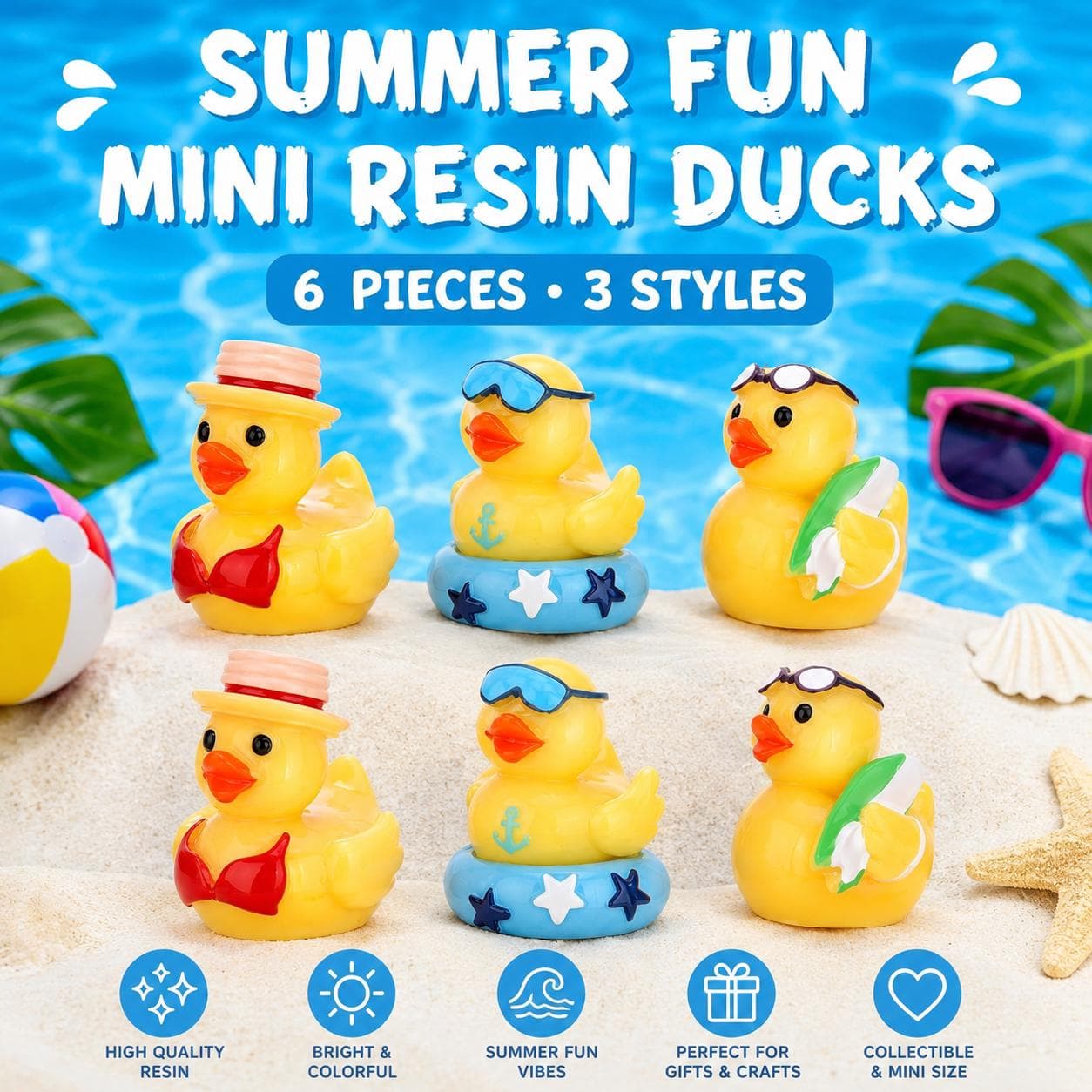 Set of 6 Summer Mini Resin Ducks, Beach Pool Decor, Fairy Garden Figurines - Image 1