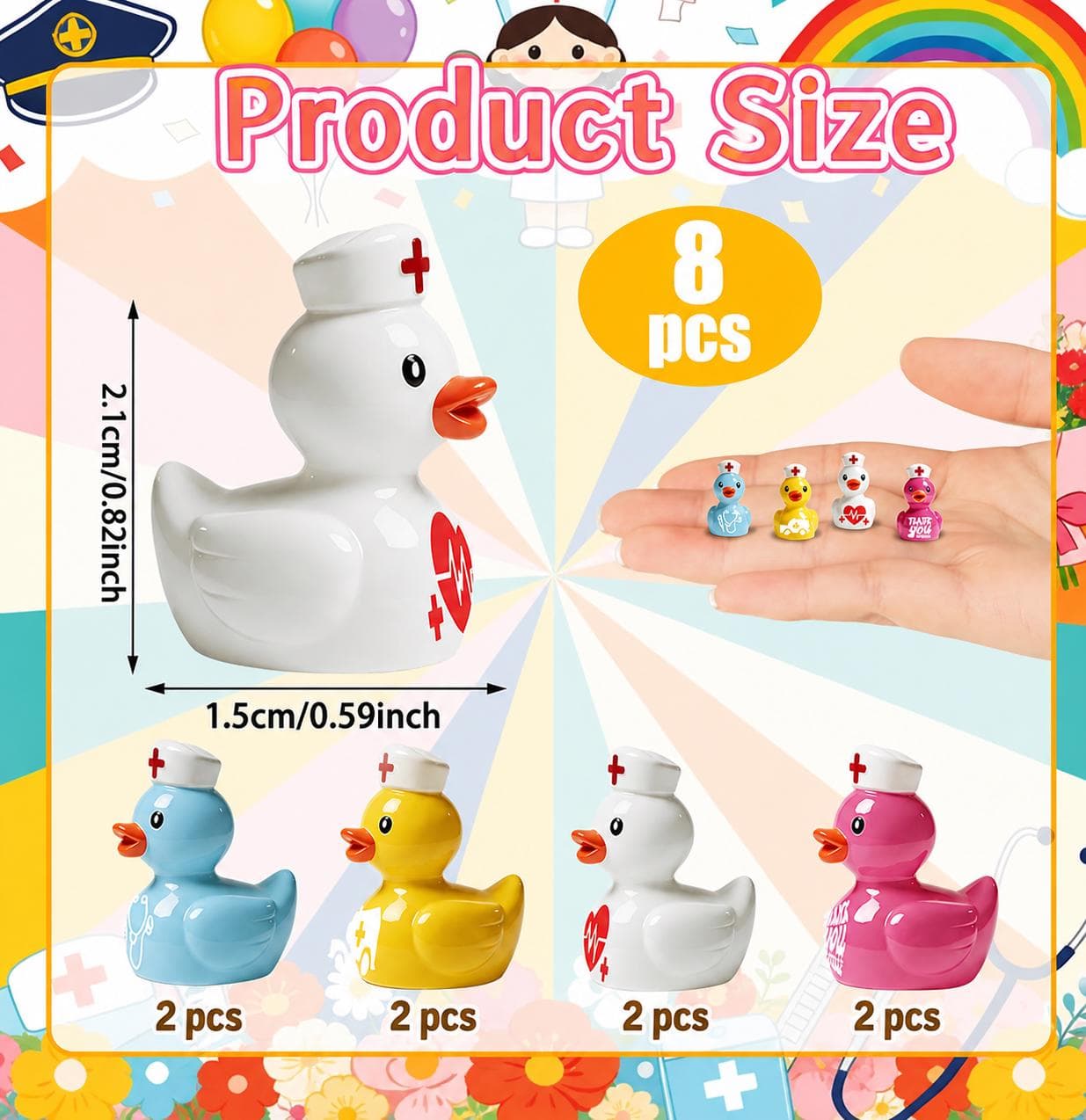 8pc Colorful Nurse Ducks Set, Mini Resin Nurse Duck Figurines, Nurse Appreciation Gift, Cruise Ducks, Jeep Ducks, Desk Decor - Thumbnail 2