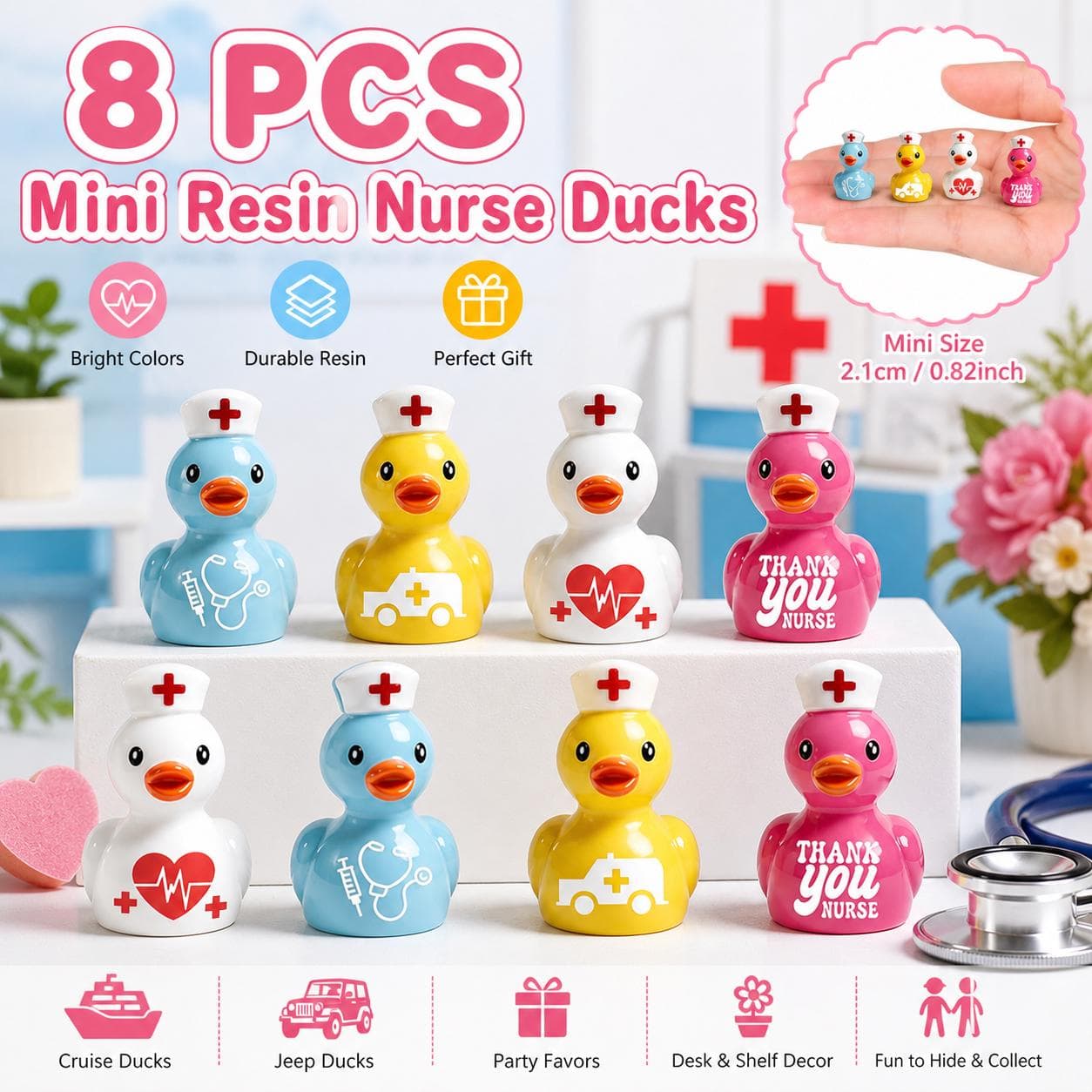 8pc Colorful Nurse Ducks Set, Mini Resin Nurse Duck Figurines, Nurse Appreciation Gift, Cruise Ducks, Jeep Ducks, Desk Decor - Thumbnail 5