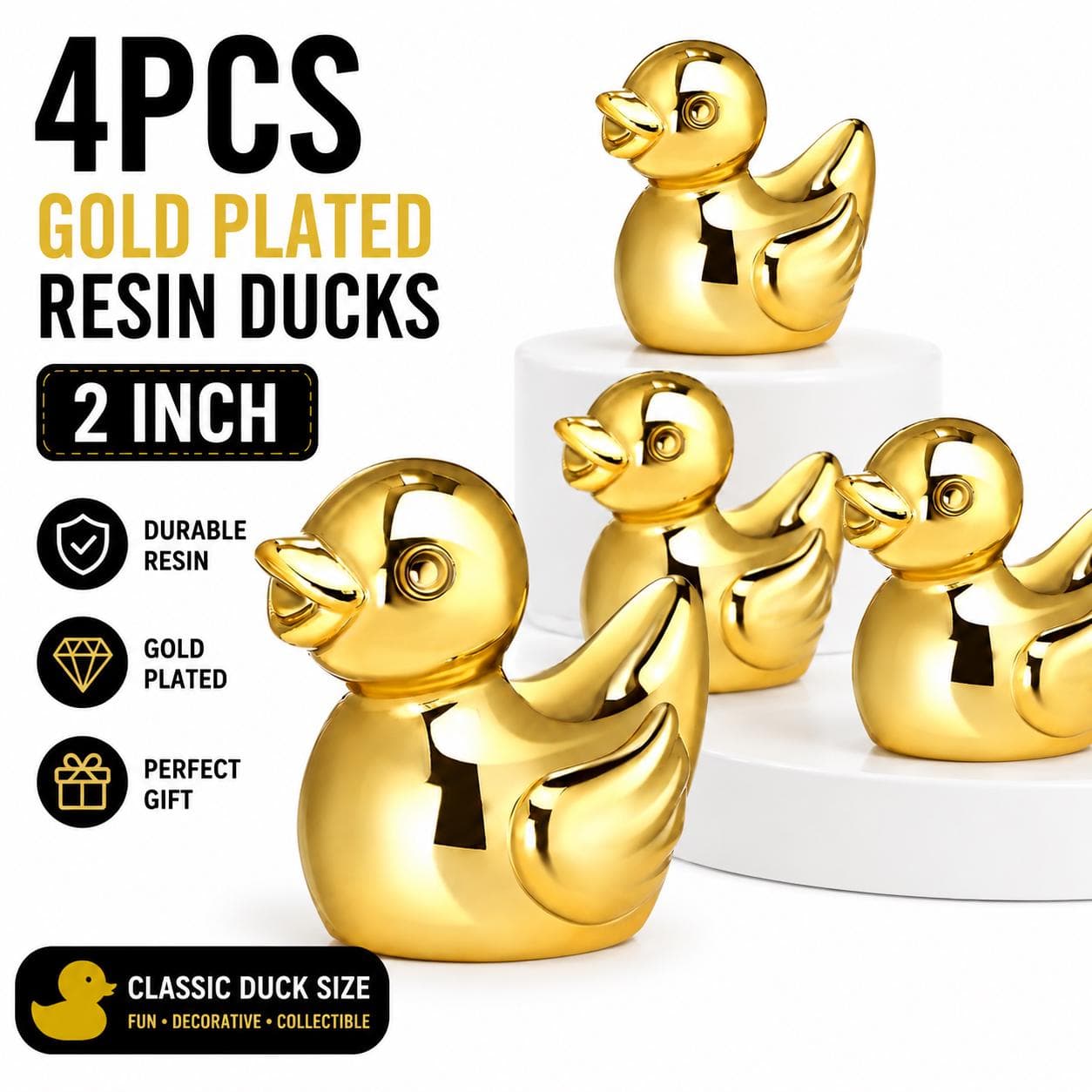 4PCS Gold Plated Resin Ducks, 2 Inch Luxury Rubber Duck Figurines, Metallic Gold Duck Decor for Cruise Ducks, Jeep Ducks, Bathroom & Office - Image 1