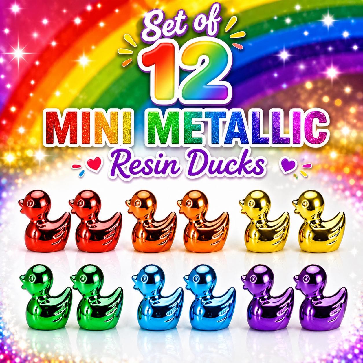 12pc Mini Metallic Resin Ducks Rainbow Set – Colorful Tiny Duck Figures for Fairy Garden, Aquarium, Party Favors, Cruise Ducks, Jeep Ducks - Image 1