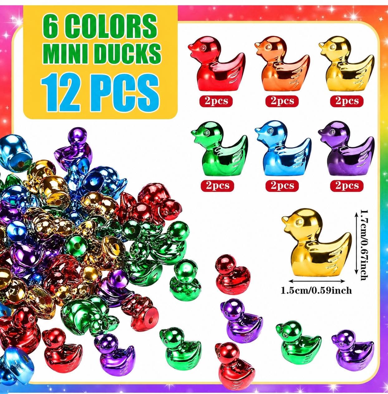 12pc Mini Metallic Resin Ducks Rainbow Set – Colorful Tiny Duck Figures for Fairy Garden, Aquarium, Party Favors, Cruise Ducks, Jeep Ducks - Thumbnail 2