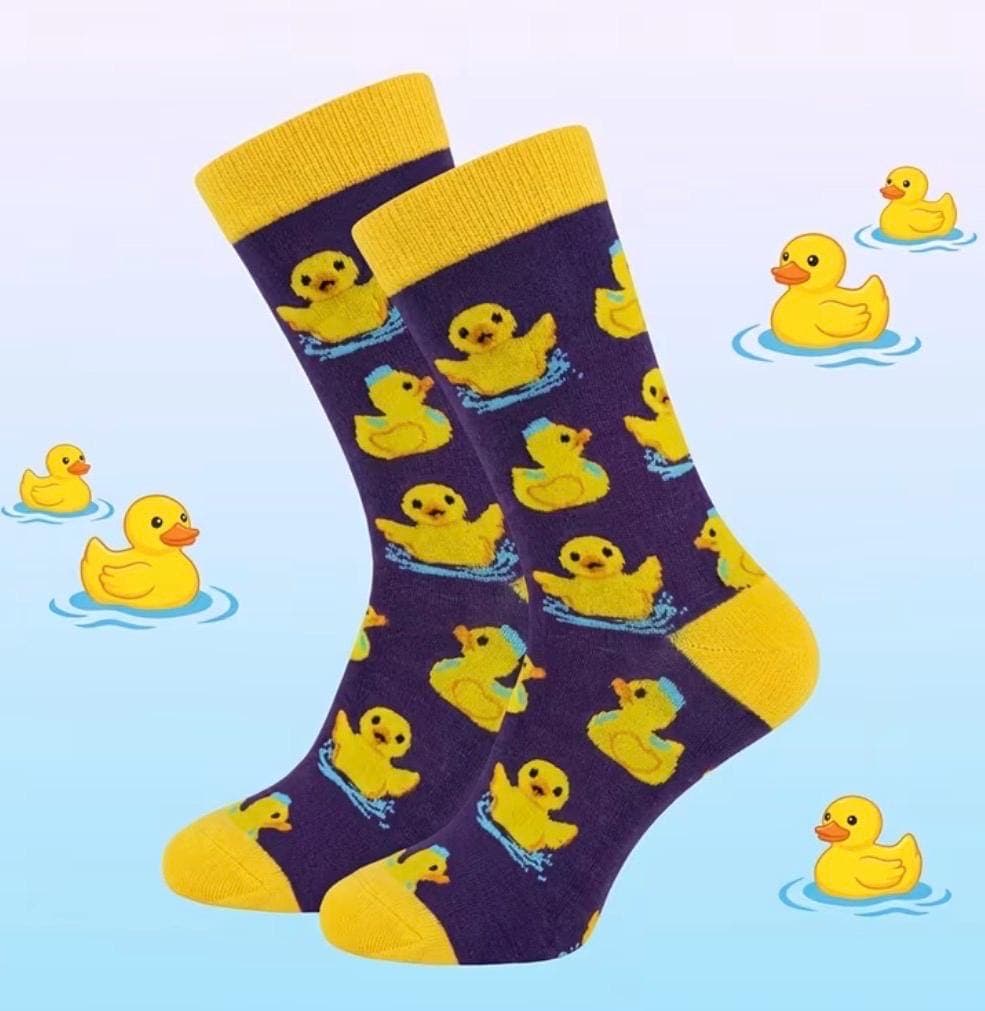 Unisex Rubber Duck Mid-Calf Socks – Cute Cartoon Duckling Pattern Crew Socks, Funny Duck Lover Gift, Purple & Yellow Novelty Socks - Thumbnail 3