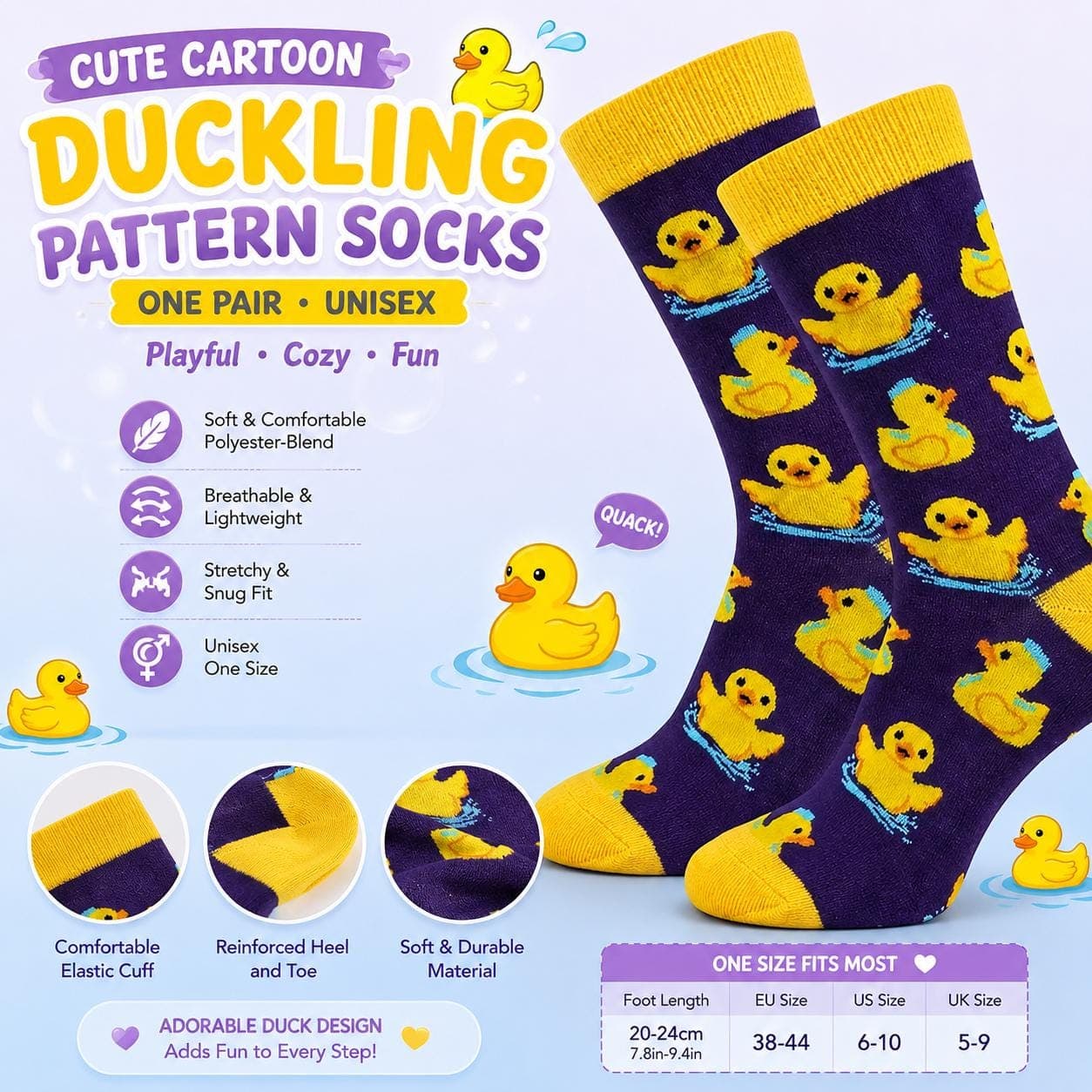 Unisex Rubber Duck Mid-Calf Socks – Cute Cartoon Duckling Pattern Crew Socks, Funny Duck Lover Gift, Purple & Yellow Novelty Socks - Image 1