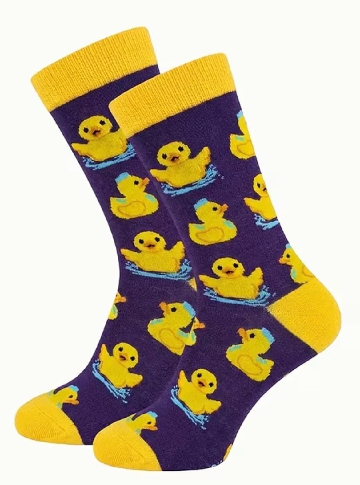 Unisex Rubber Duck Mid-Calf Socks – Cute Cartoon Duckling Pattern Crew Socks, Funny Duck Lover Gift, Purple & Yellow Novelty Socks - Thumbnail 6