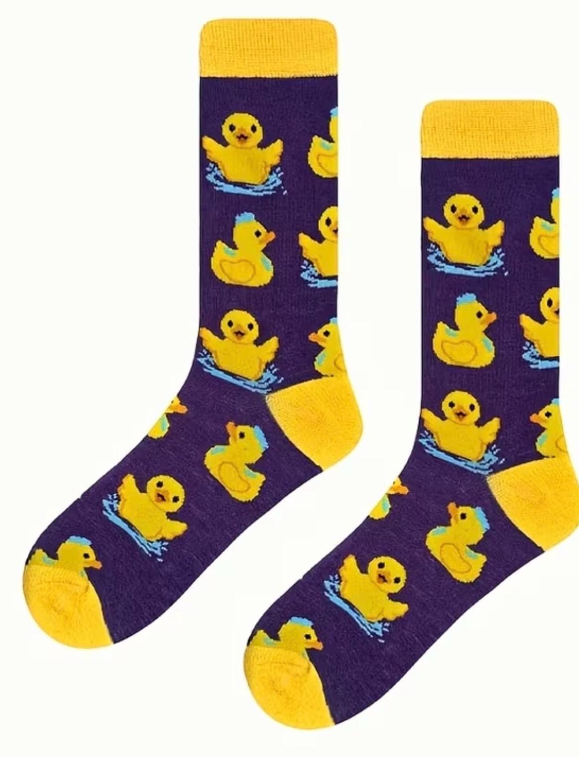 Unisex Rubber Duck Mid-Calf Socks – Cute Cartoon Duckling Pattern Crew Socks, Funny Duck Lover Gift, Purple & Yellow Novelty Socks - Thumbnail 7