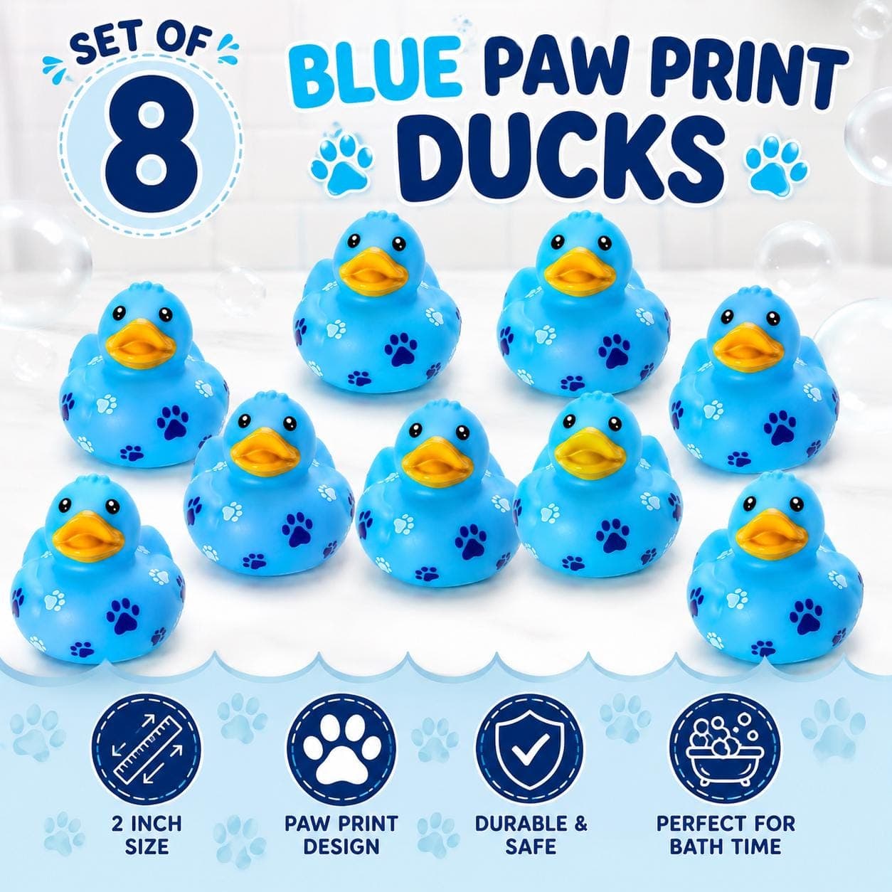 8 Pcs 2” Blue Dog Paw Rubber Ducks – 2 Inch Rubber Duck, Jeep & Cruise Ducks - Image 1