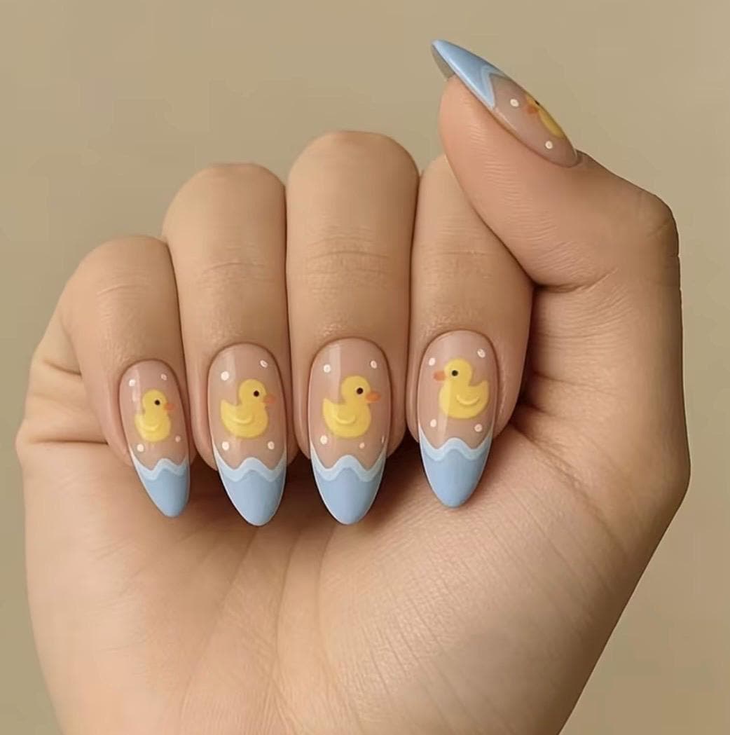 Cute Little Yellow Duck Press-On Nails – 24pcs Medium Long Almond Shape Nails, Milky Blue Wavy Duck Nail Set, Sweet Summer False Nails, - Thumbnail 7