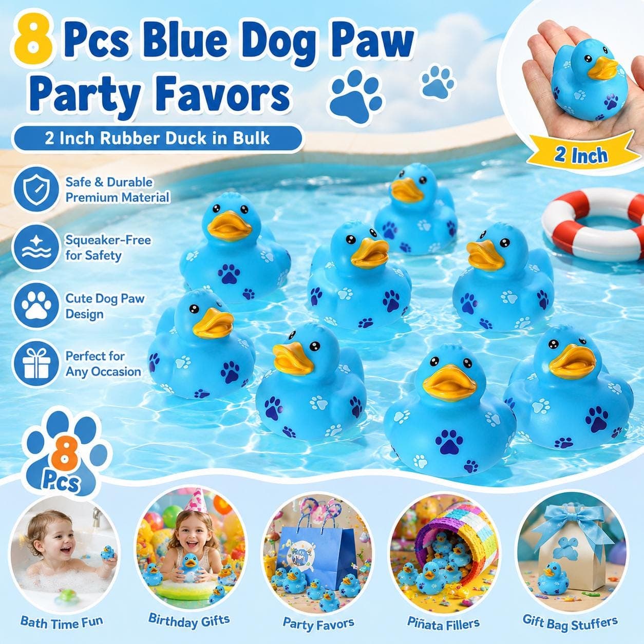 8 Pcs 2” Blue Dog Paw Rubber Ducks – 2 Inch Rubber Duck, Jeep & Cruise Ducks - Thumbnail 5