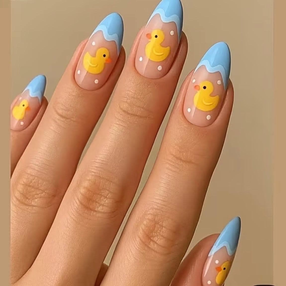 Cute Little Yellow Duck Press-On Nails – 24pcs Medium Long Almond Shape Nails, Milky Blue Wavy Duck Nail Set, Sweet Summer False Nails, - Thumbnail 8