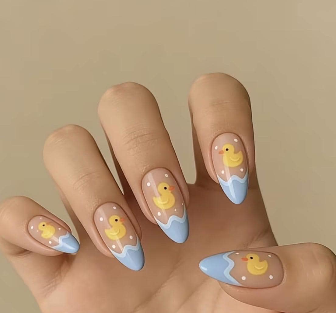 Cute Little Yellow Duck Press-On Nails – 24pcs Medium Long Almond Shape Nails, Milky Blue Wavy Duck Nail Set, Sweet Summer False Nails, - Thumbnail 6