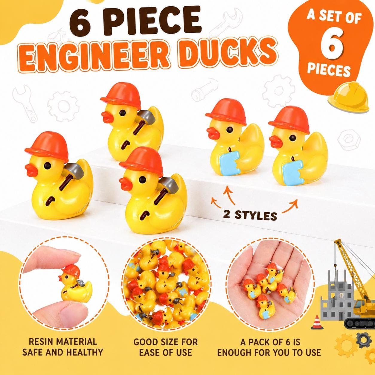6pc Engineer Resin Ducks, Mini Construction Ducklings, Tool Clipboard Styles, Jeep Cruise Decor - Image 1