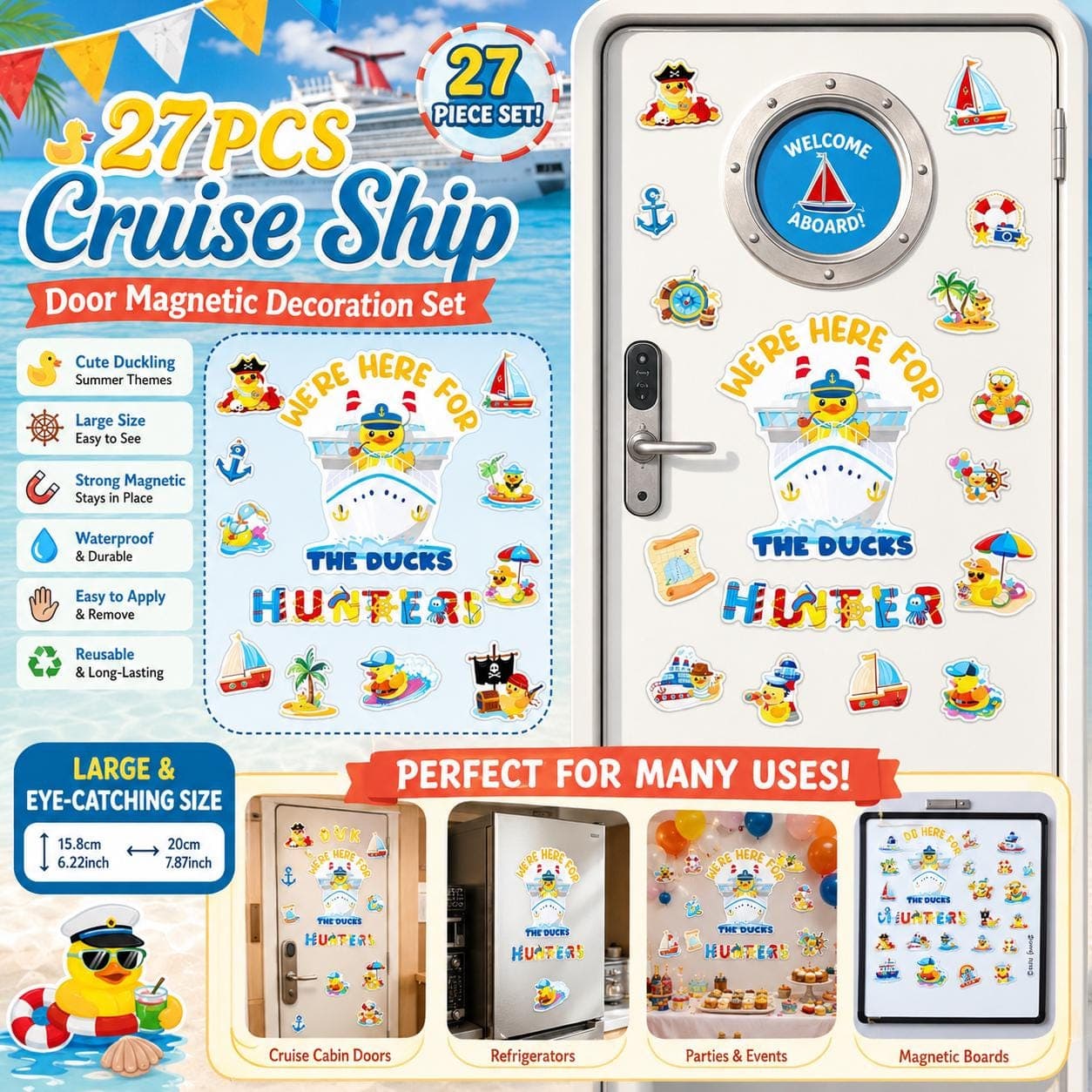 27pcs Large Cruise Ship Door Magnetic Decoration Set | Porthole Magnetic Decals & Summer Rubber Duck Themes - Thumbnail 2