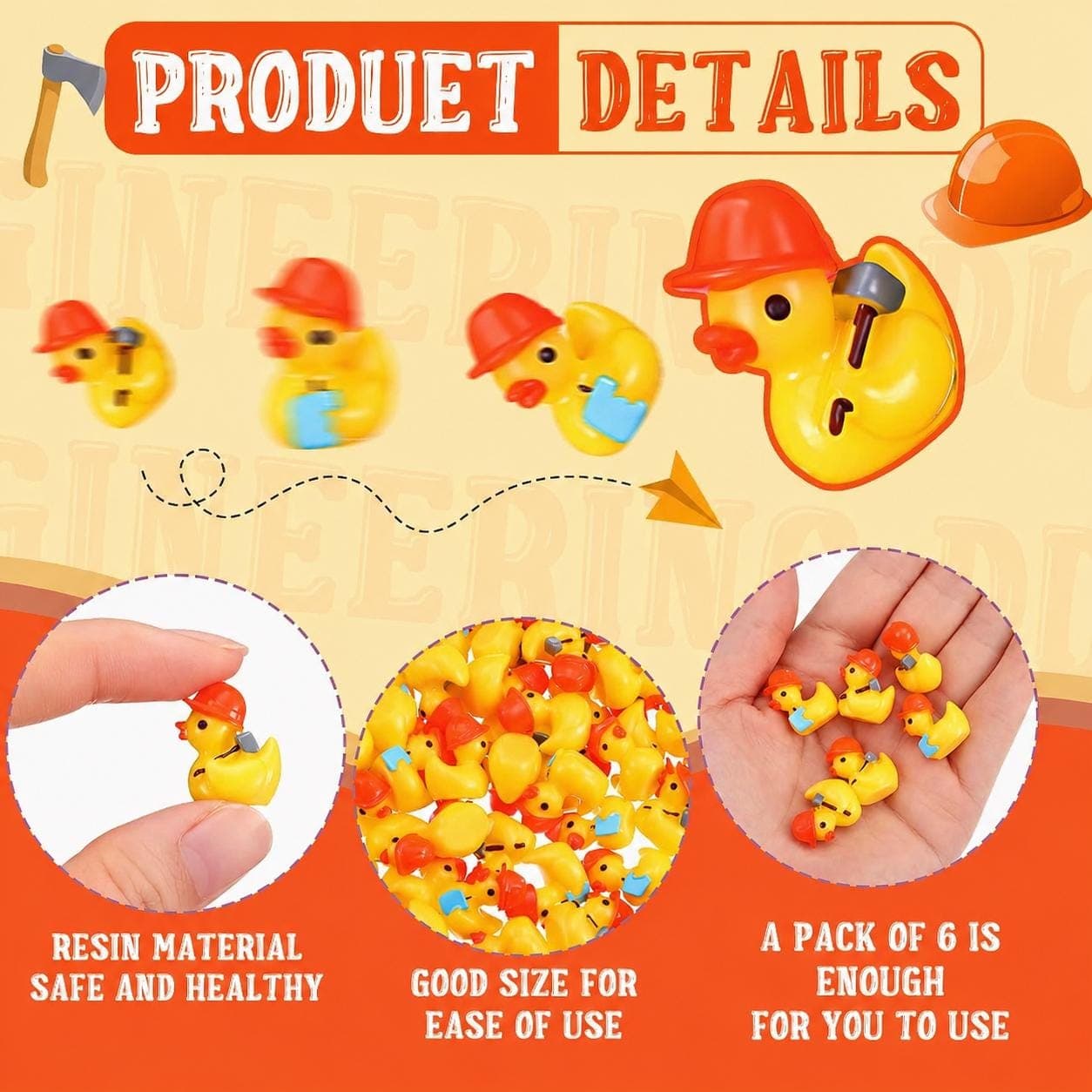 6pc Engineer Resin Ducks, Mini Construction Ducklings, Tool Clipboard Styles, Jeep Cruise Decor - Thumbnail 3