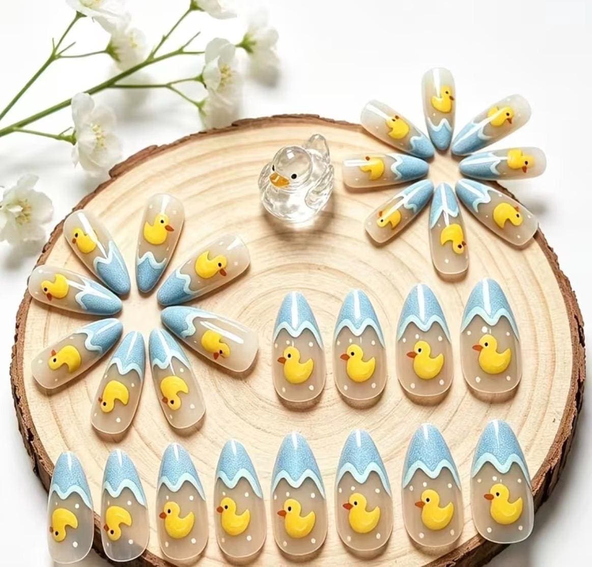 Cute Little Yellow Duck Press-On Nails – 24pcs Medium Long Almond Shape Nails, Milky Blue Wavy Duck Nail Set, Sweet Summer False Nails, - Thumbnail 2