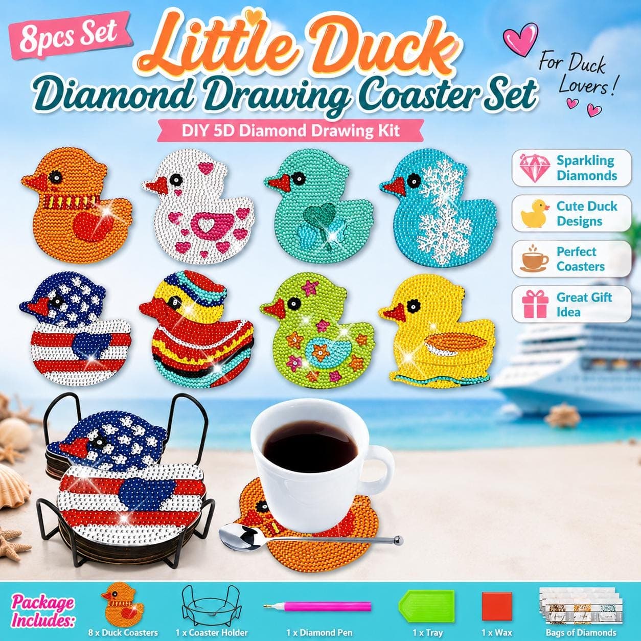 8pcs Little Duck Diamond Painting Coaster Set with Holder, DIY 5D Diamond Art Kit, Cruise Duck & Jeep Duck Gift for Duck Lovers - Image 1
