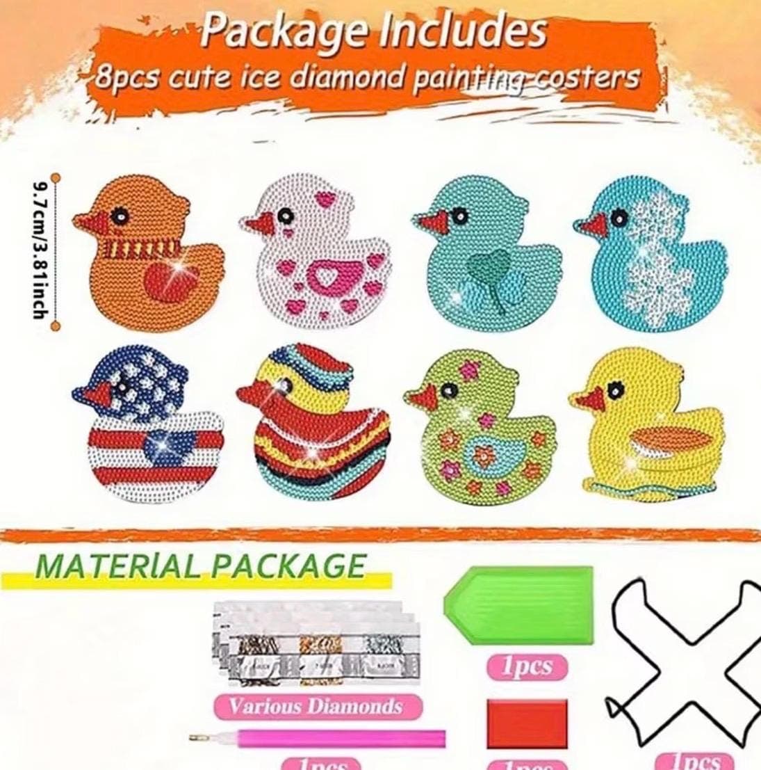 8pcs Little Duck Diamond Painting Coaster Set with Holder, DIY 5D Diamond Art Kit, Cruise Duck & Jeep Duck Gift for Duck Lovers - Thumbnail 2