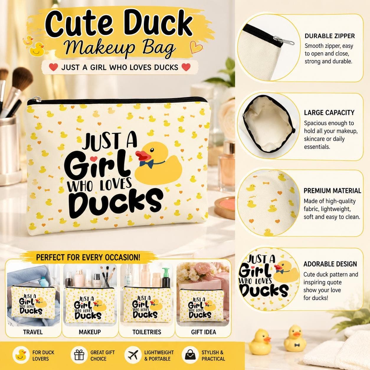 Cute Duck Makeup Bag for Women – “Just a Girl Who Loves Ducks” Cosmetic Pouch, Duck Lover Gift, Travel Toiletry Organizer, Rubber Duck Bag - Image 1