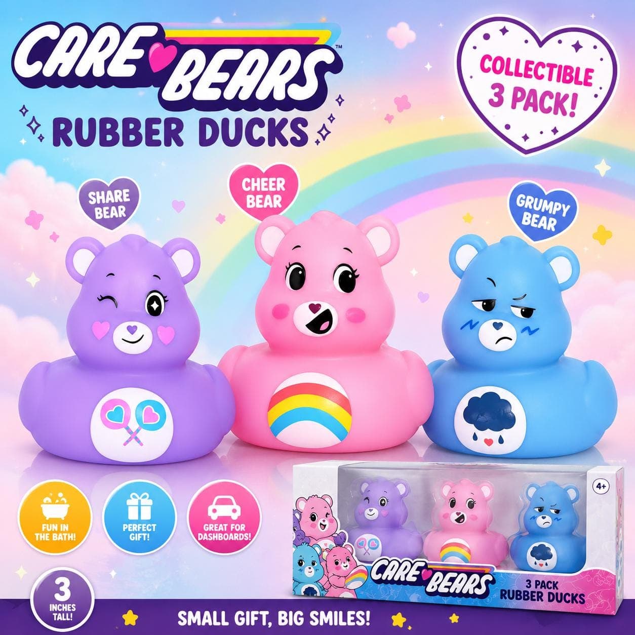Care Bears Rubber Duck 3 Pack – Cheer Bear, Share Bear & Grumpy Bear Collectible Ducks, Bath Toys, Cruise Ducks and Jeep Dashboard Decor - Image 1