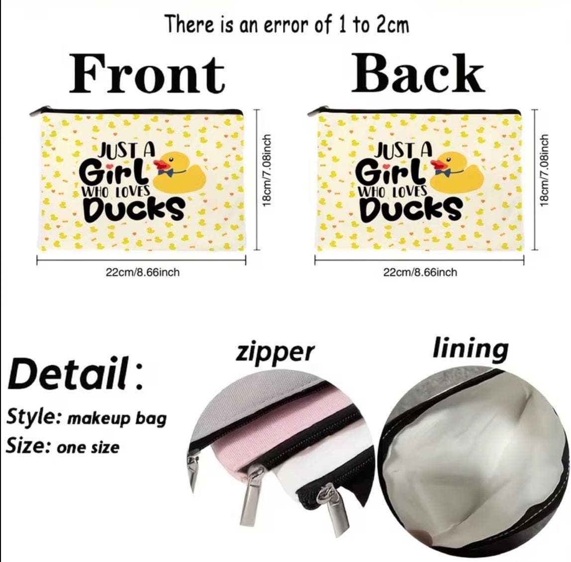Cute Duck Makeup Bag for Women – “Just a Girl Who Loves Ducks” Cosmetic Pouch, Duck Lover Gift, Travel Toiletry Organizer, Rubber Duck Bag - Thumbnail 2