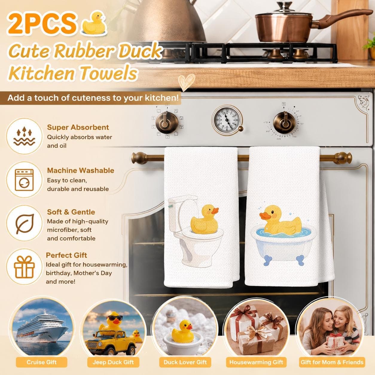 2PCS Cute Rubber Duck Kitchen Towels Set | Funny Duck Bath Dish Towels | Cruise Duck Jeep Duck Decor | Housewarming Gift for Mom Friend - Thumbnail 2