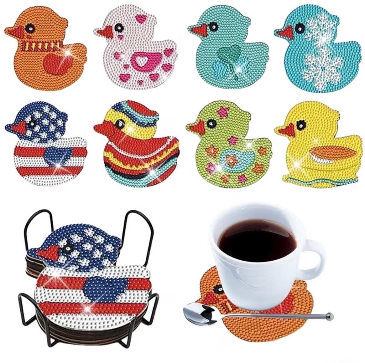 8pcs Little Duck Diamond Painting Coaster Set with Holder, DIY 5D Diamond Art Kit, Cruise Duck & Jeep Duck Gift for Duck Lovers - Thumbnail 8