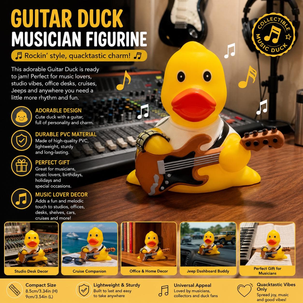 Cute Guitar Rubber Duck Musician Figurine | Music Lover Duck Statue for Studio Desk Decor | Cruise Duck Jeep Duck Gift for Guitar Players - Image 1