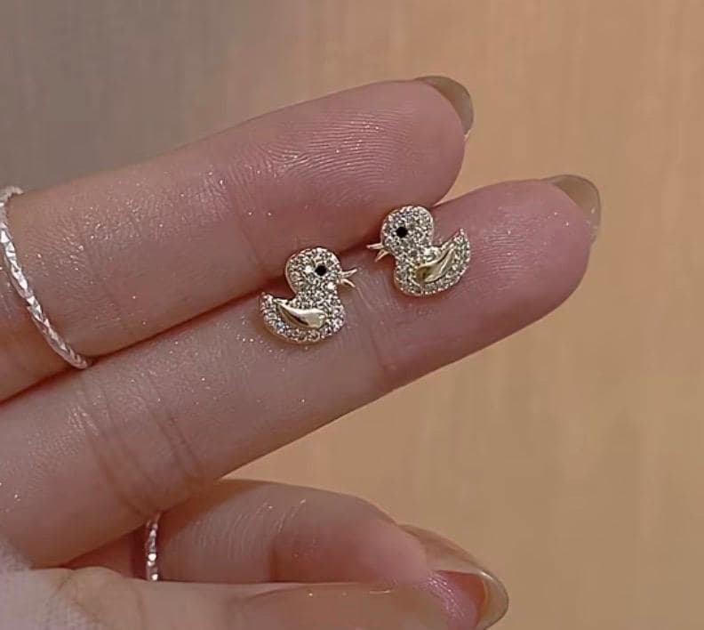 Lucky Duck Stud Earrings – 18K Gold Plated Cute Duck Earrings for Women, Sparkly Duck Ear Jewelry, Daily Wear Gift for Duck Lovers - Thumbnail 3