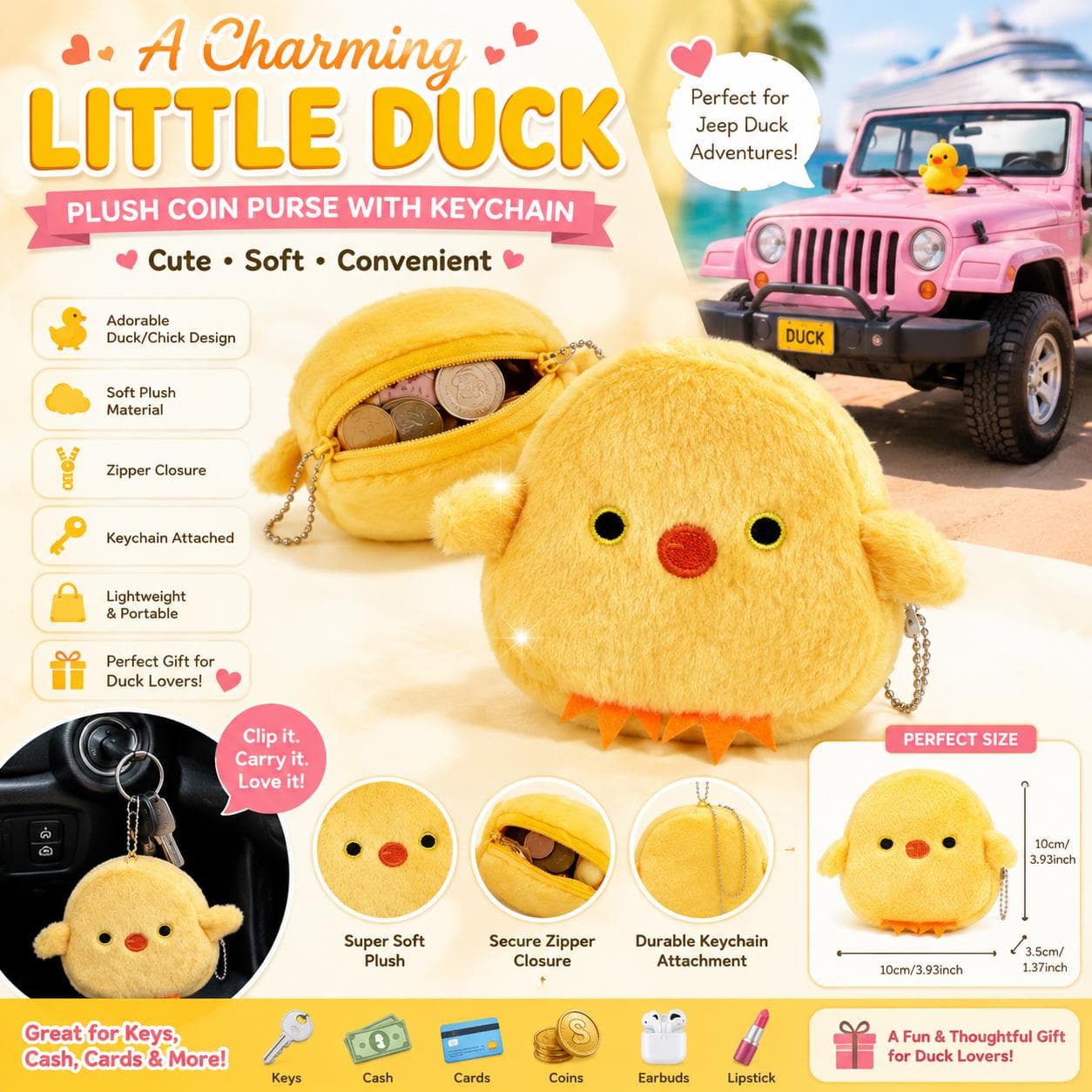 Cute Plush Duck Coin Purse Keychain – Soft Chick Zipper Wallet for Keys, Cash and Cards, Jeep Duck & Cruise Duck Lover Gift - Image 1