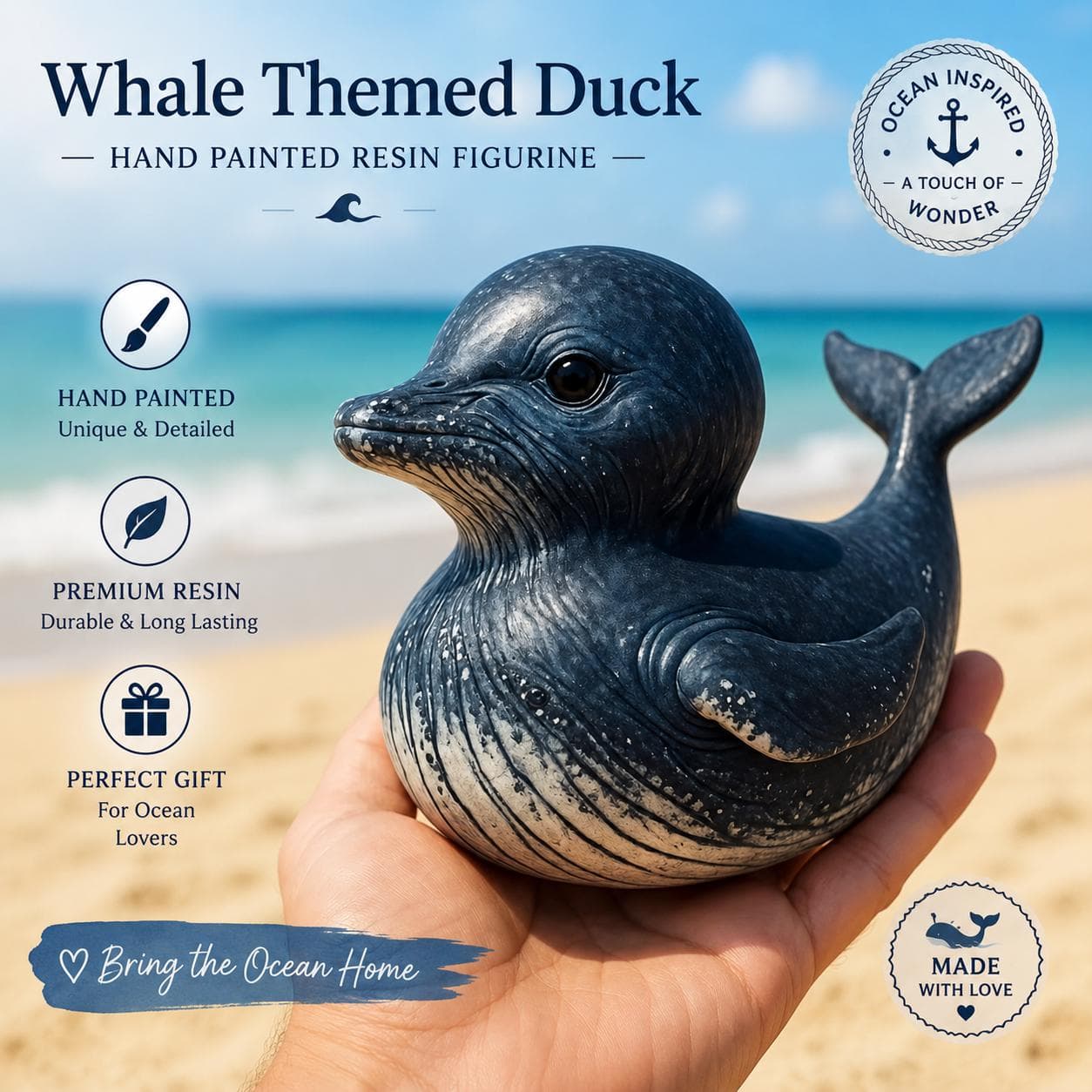 Whale Themed Duck Figurine, Hand Painted Resin Ocean Duck Decor, Coastal Beach Duck Collectible, Cruise Duck Gift, Jeep Duck Gift Nautical - Image 1