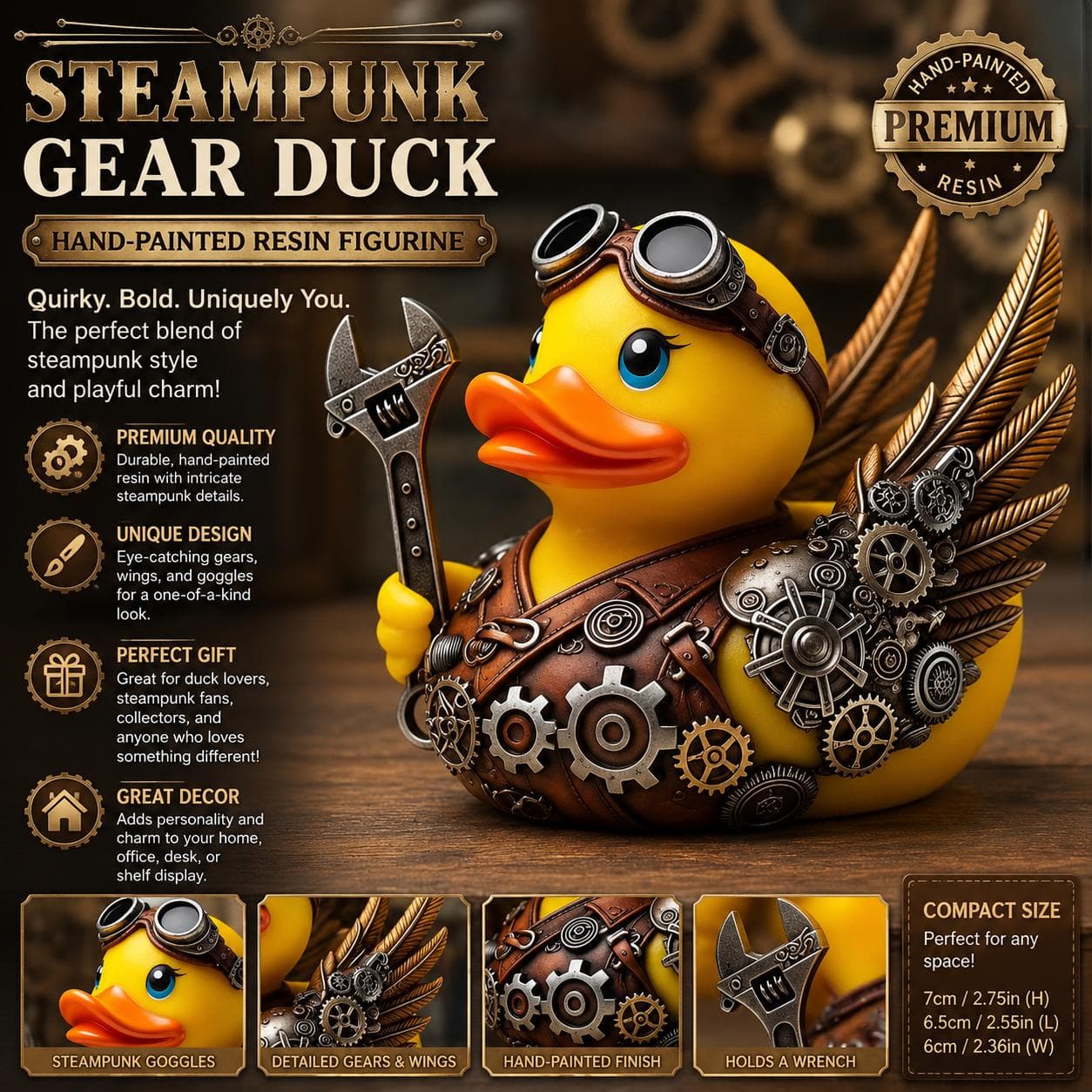 Steampunk Gear Rubber Duck Resin Figurine | Mechanical Duck Collectible with Wings & Wrench | Cruise Duck Jeep Duck Gift Decor - Image 1