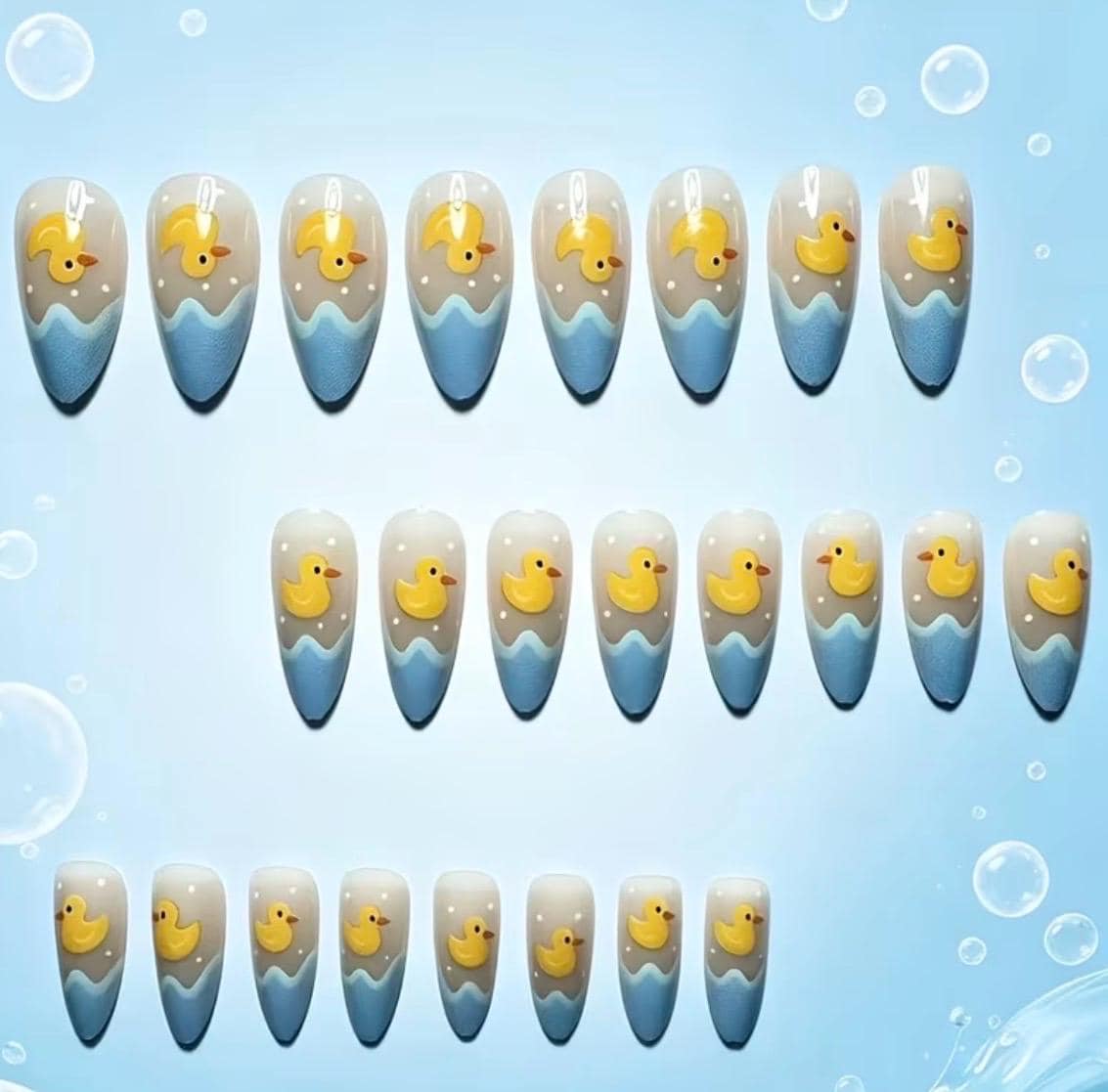 Cute Little Yellow Duck Press-On Nails – 24pcs Medium Long Almond Shape Nails, Milky Blue Wavy Duck Nail Set, Sweet Summer False Nails, - Thumbnail 5