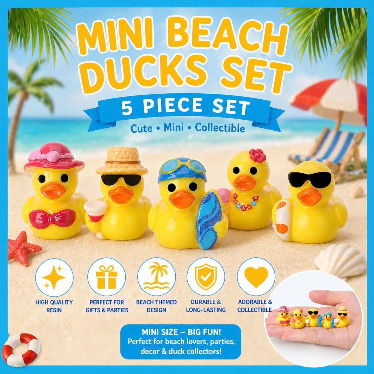 Mini Resin Beach Ducks Set, Summer Party Favors, Cruise Jeep Ducking Collectibles