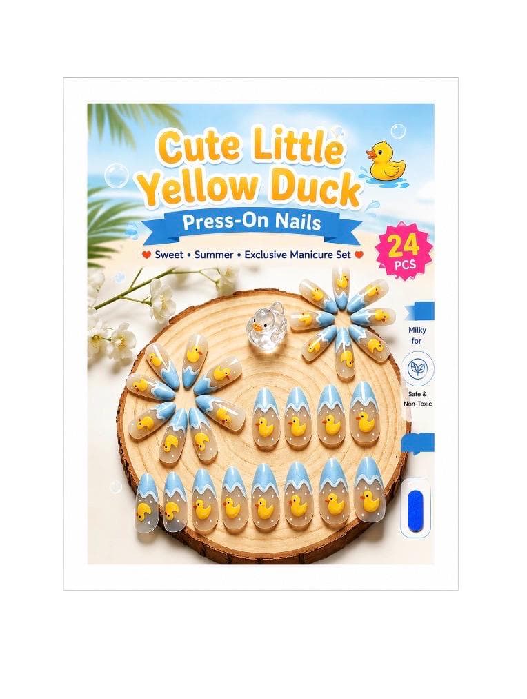Cute Little Yellow Duck Press-On Nails – 24pcs Medium Long Almond Shape Nails, Milky Blue Wavy Duck Nail Set, Sweet Summer False Nails, - Image 1