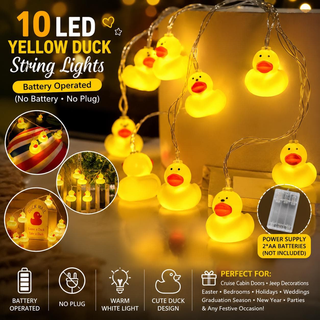 10 LED Yellow Duck String Lights Battery Operated Cruise Cabin Decor Jeep Duck Lights Easter Bedroom Party Decor No Plug - Thumbnail 2