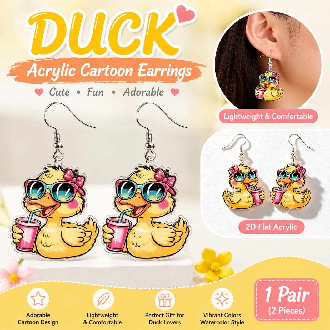 Cute Duck Acrylic Earrings 1 Pair – 2D Flat Cartoon Duck Dangle Earrings, Lightweight Duck Lover Jewelry, Cruise Duck & Jeep Duck Gift - Image 1