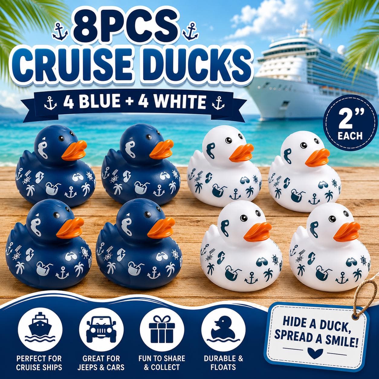 8pcs Cruise Ducks for Hiding – 2 Inch Mini Rubber Duck Set, 4 Blue & 4 White Nautical Ducks for Cruise Ships, Jeep Ducking and Gifts - Image 1