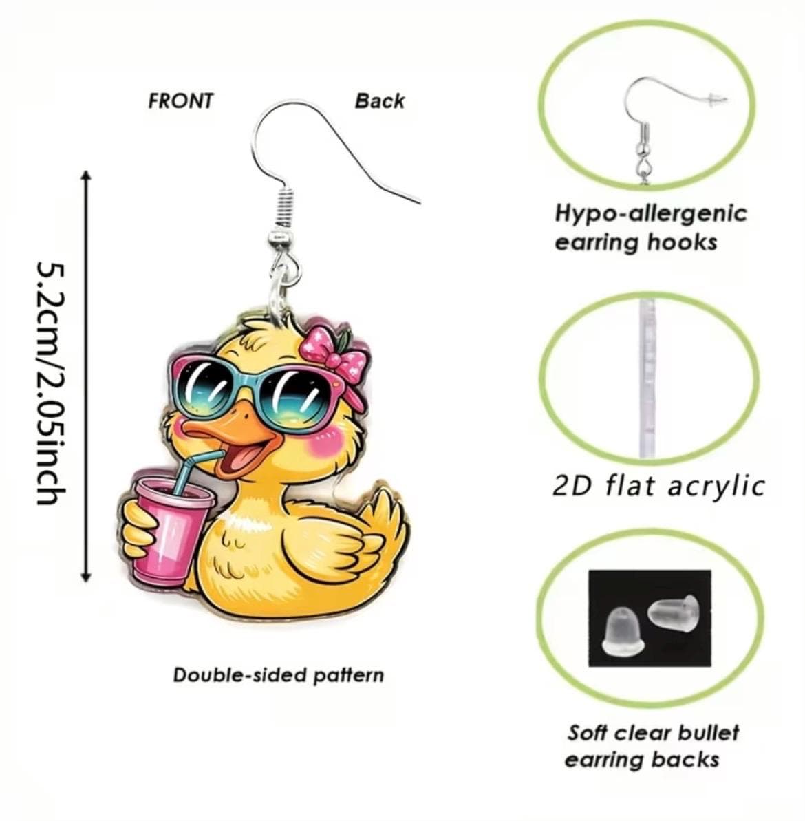 Cute Duck Acrylic Earrings 1 Pair – 2D Flat Cartoon Duck Dangle Earrings, Lightweight Duck Lover Jewelry, Cruise Duck & Jeep Duck Gift - Thumbnail 2