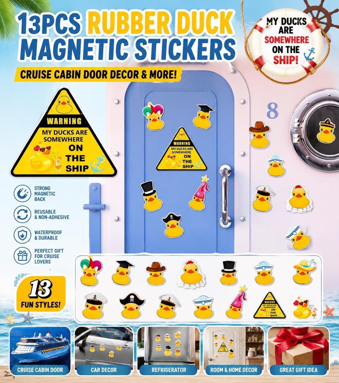 13PCS Cruise Duck Magnets Set, Rubber Duck Magnetic Stickers for Cruise Cabin Door, Cute Refrigerator & Car Magnets, Reusable Non-Adhesive - Thumbnail 2