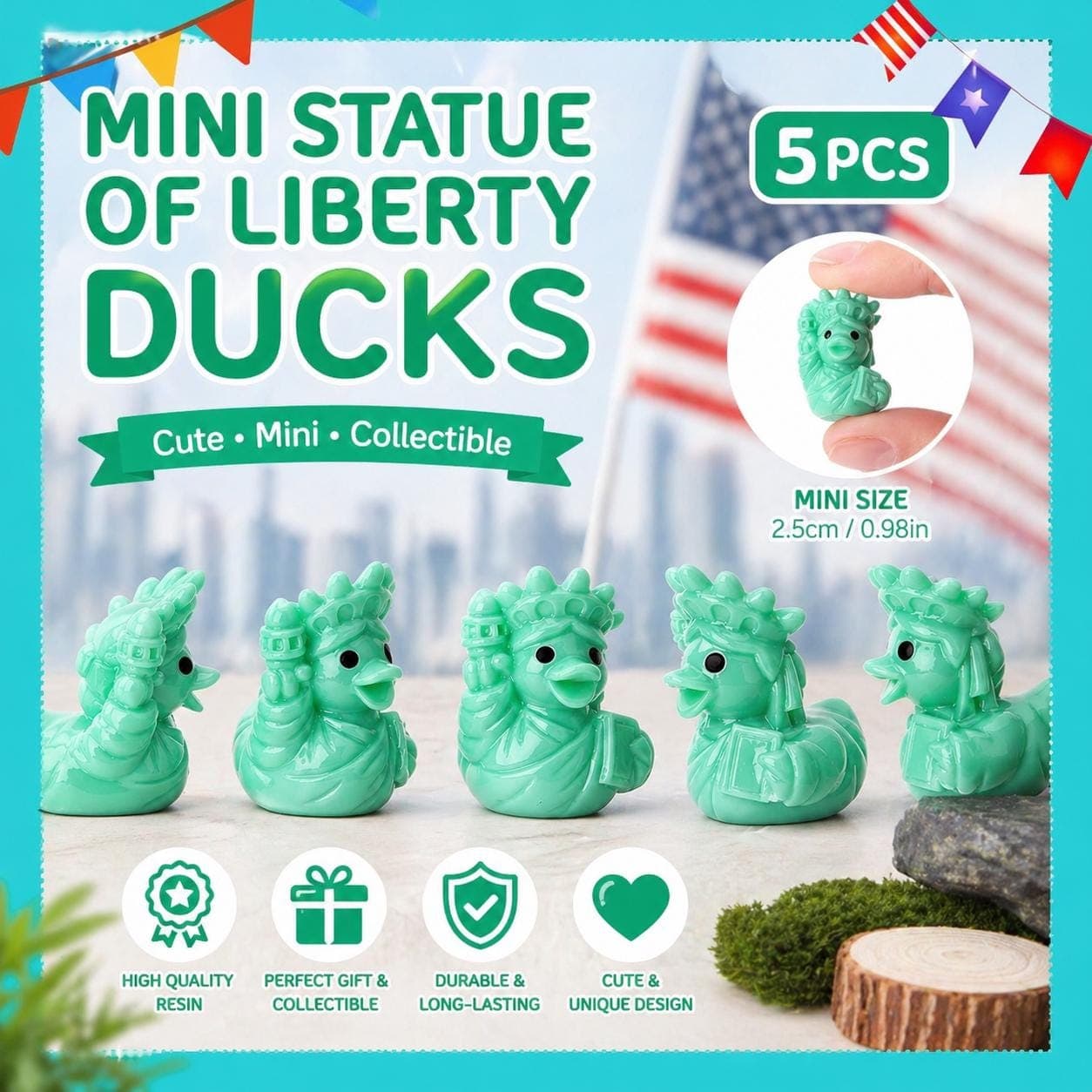 Mini Statue of Liberty Ducks, 5pc Resin Collectible Set, Patriotic Cruise Jeep Decor