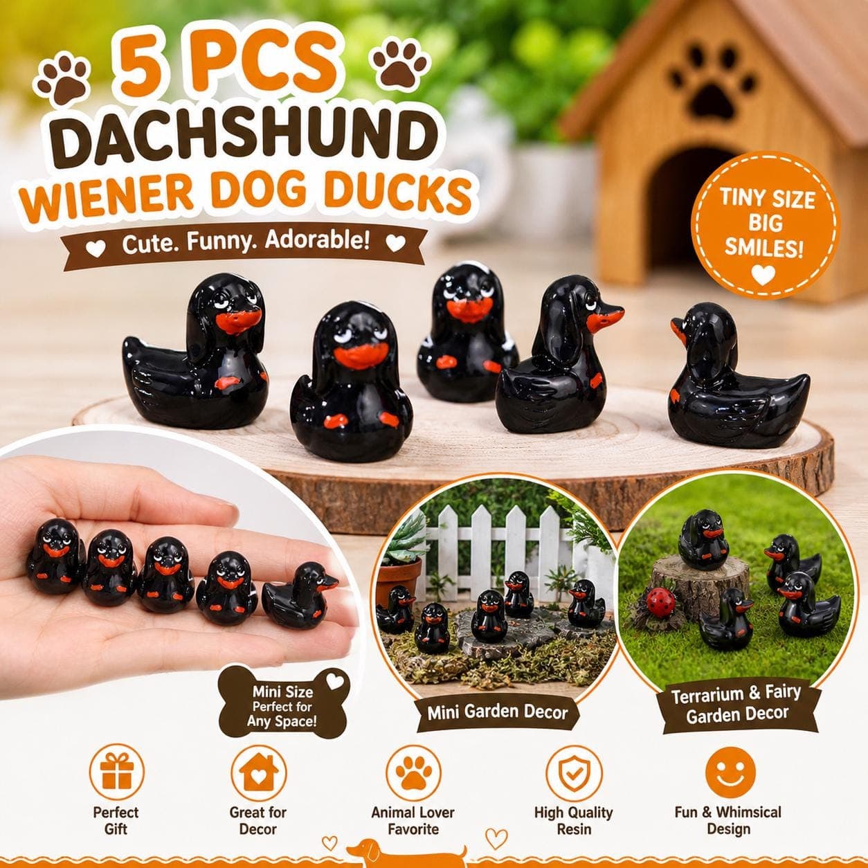 5pc Dachshund Wiener Dog Rubber Ducks Mini Resin Set, Funny Puppy Duck Decor, Fairy Garden, Jeep Ducks, Cruise Ducks Gift - Image 1