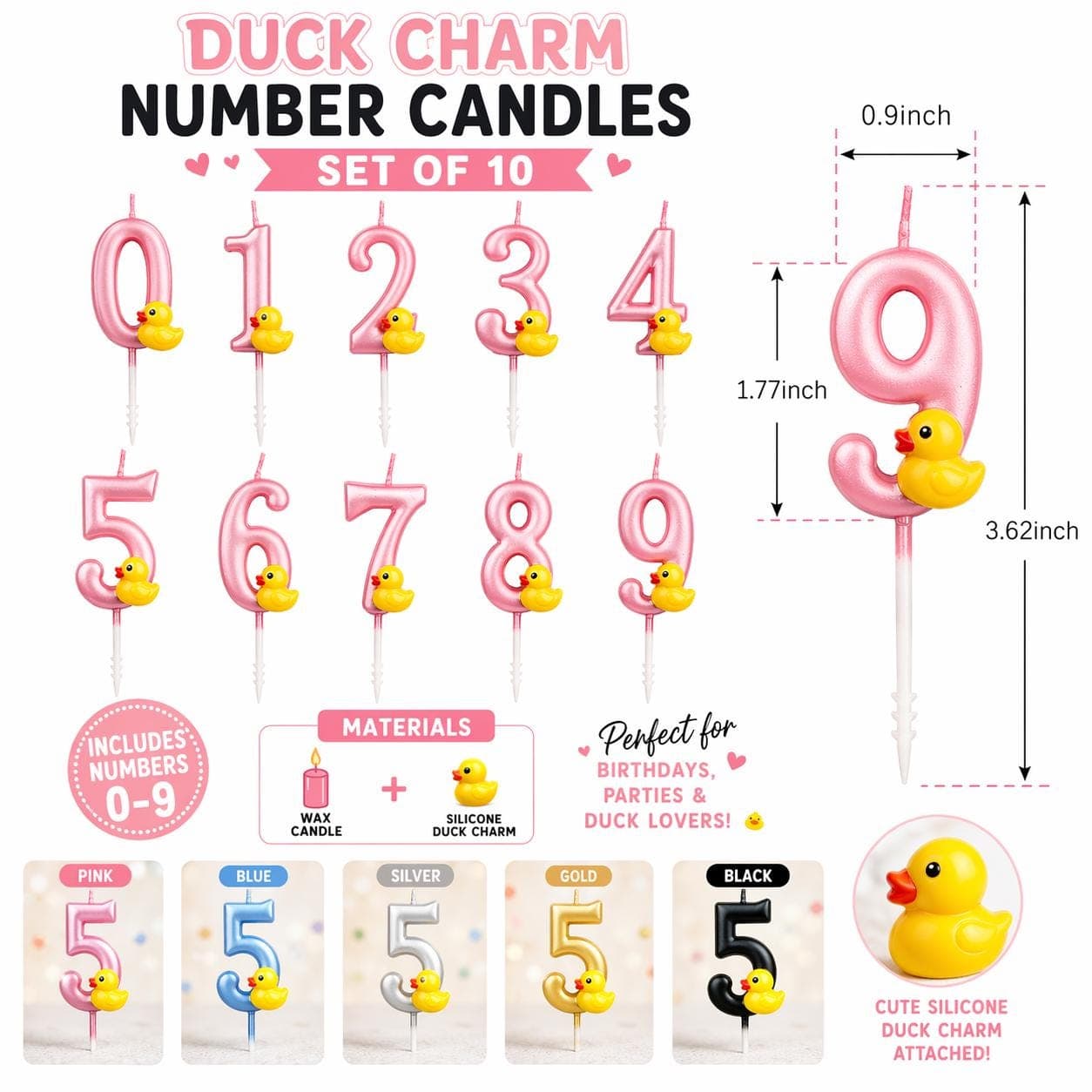 Duck Charm Number Candles Set 0–9 – Silicone Rubber Duck Cake Topper - Image 1