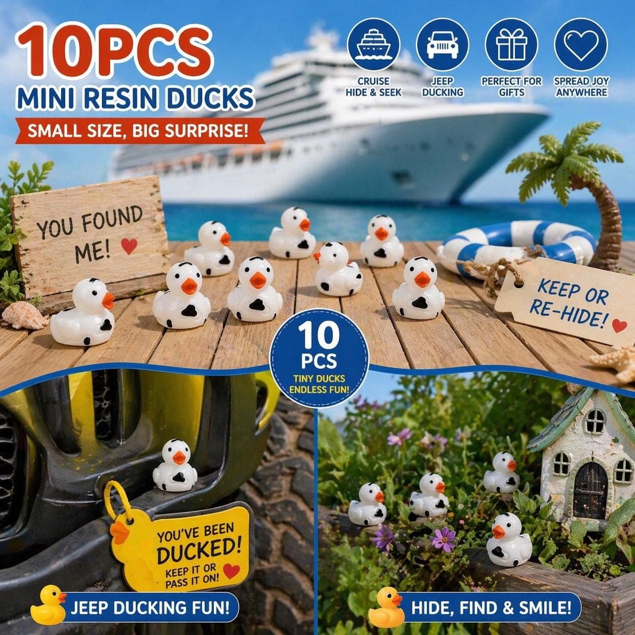 10pcs Cow Print Mini Ducks – Black and White Resin Cow Ducks – Tiny Duck Set – Jeep Ducking, Cruise Hide & Seek, Cake Decor, Party Favors - Thumbnail 2