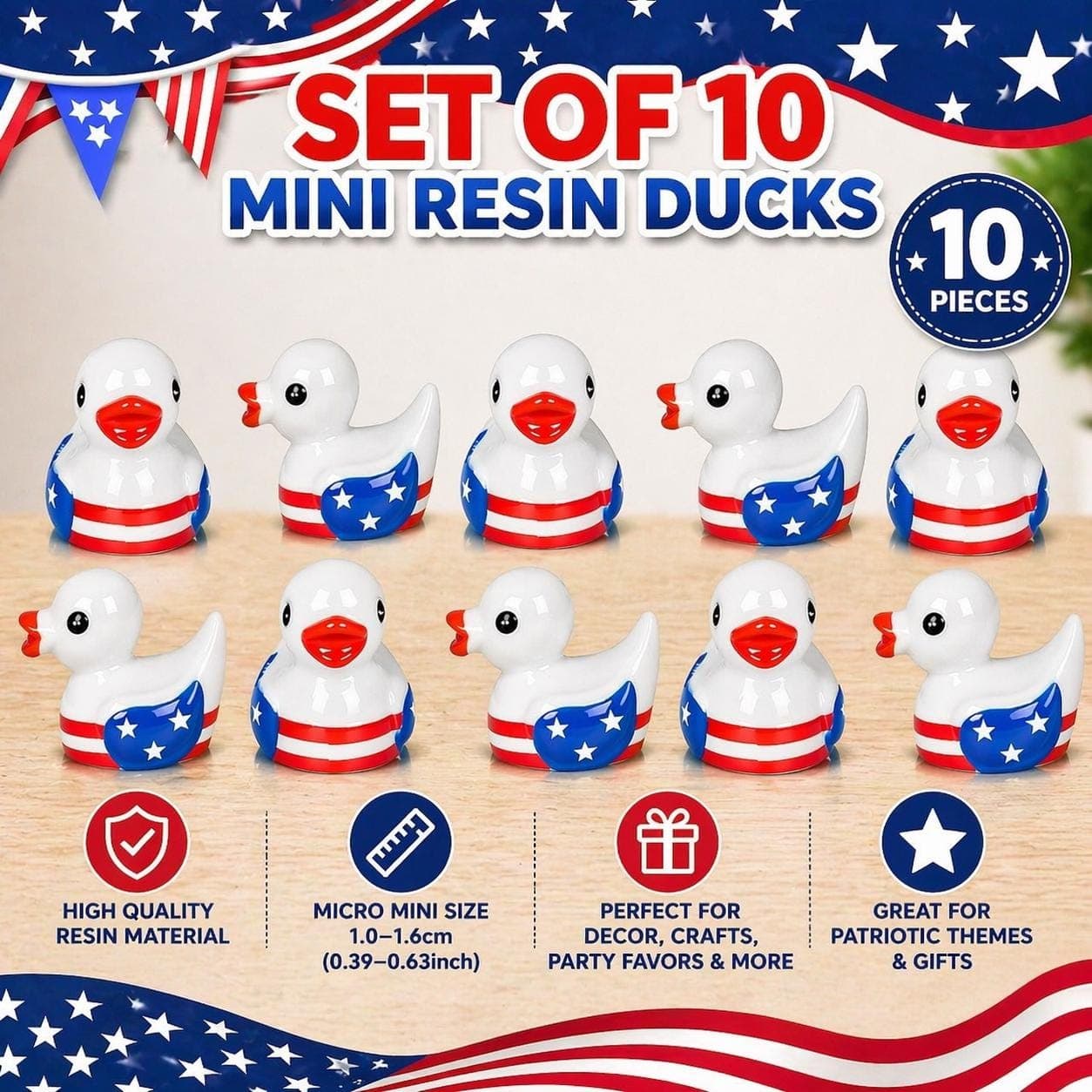 Set of 10 Patriotic Mini Resin Ducks | USA Flag Theme Party Favors, Decor - Image 1