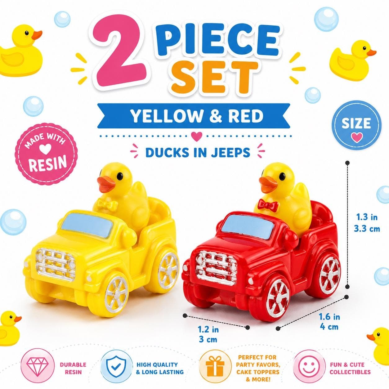 Mini Resin Ducks in Jeeps – 2 Piece Color Pair Set – Jeep Ducks with Matching Bow Ties – Tiny Resin Duck Cars – Cruise Ducks – Cake Toppers - Thumbnail 3
