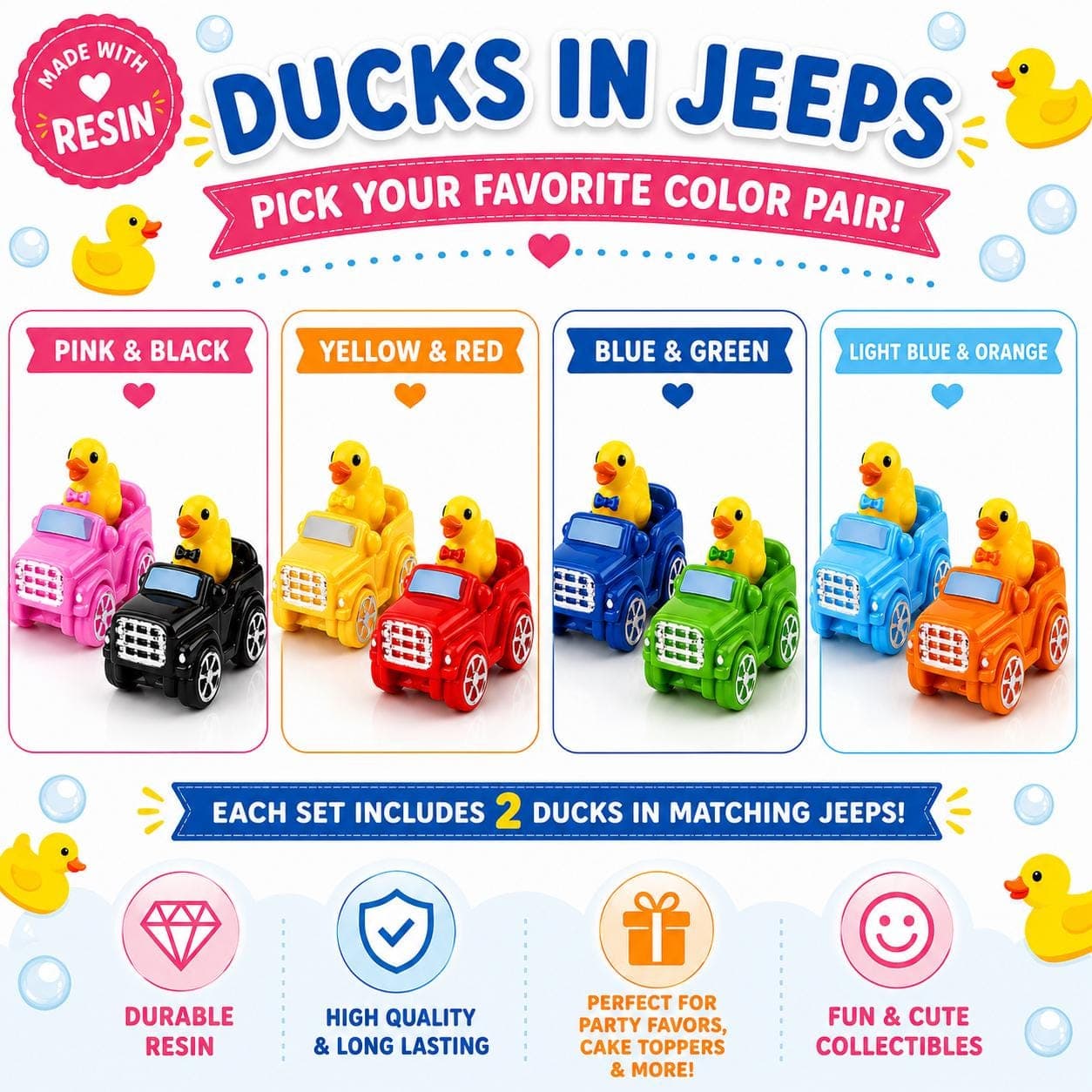 Mini Resin Ducks in Jeeps – 2 Piece Color Pair Set – Jeep Ducks with Matching Bow Ties – Tiny Resin Duck Cars – Cruise Ducks – Cake Toppers - Image 1